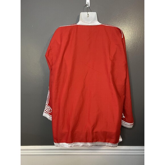 Embroidered Tunic Shirt Mens Size 4 Red White Boho Kurta Kaftan Festival Top - Picture 7 of 8
